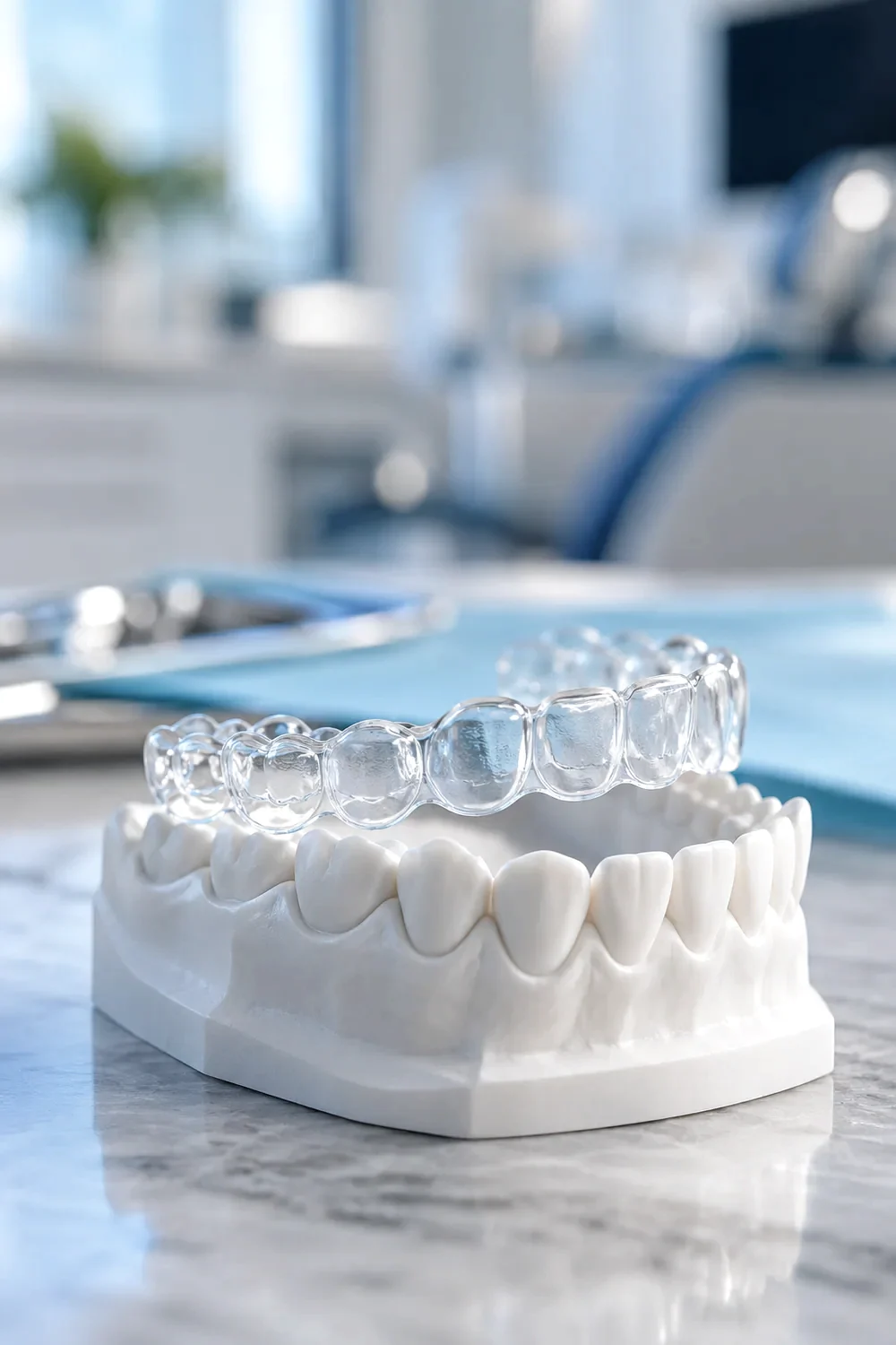 Alinhador transparente sobre modelo odontológico
