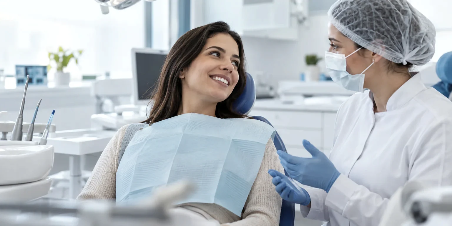 Profissional conversando com paciente em um consultório odontológico