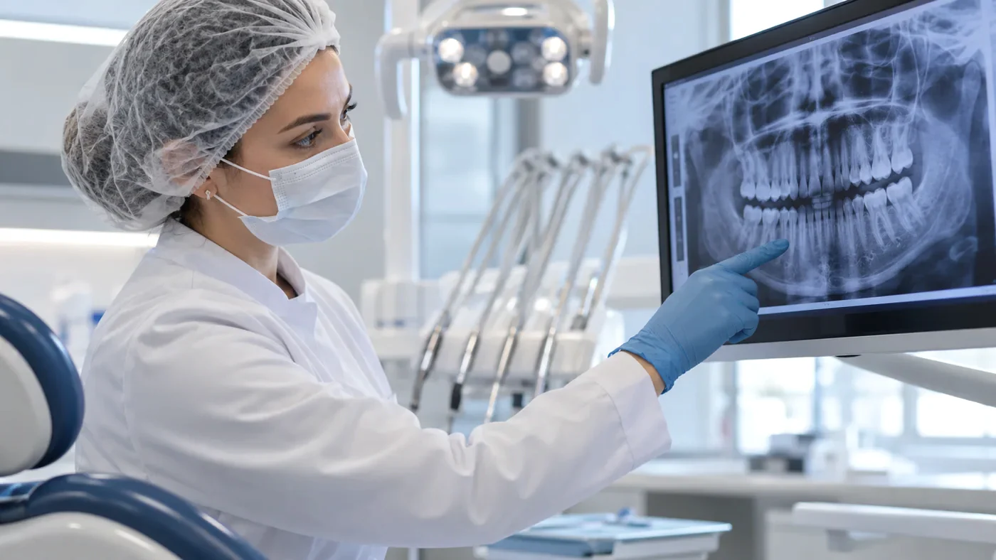 Profissional analisando uma radiografia odontológica
